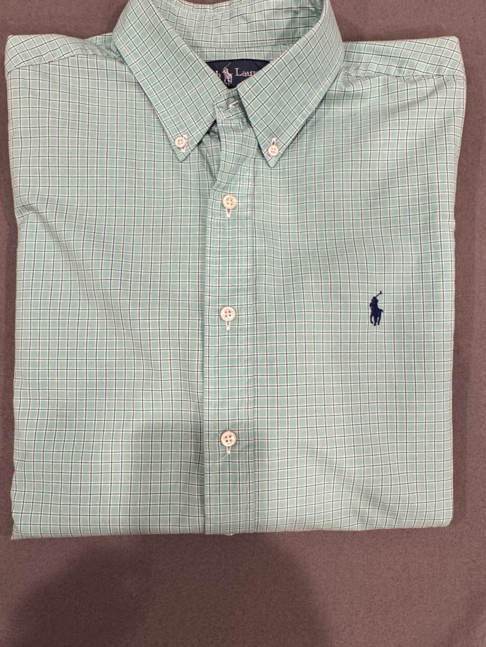 Ralph Lauren Men's Button Up Classic Fit Green with Grey Check Pattern Neck 16